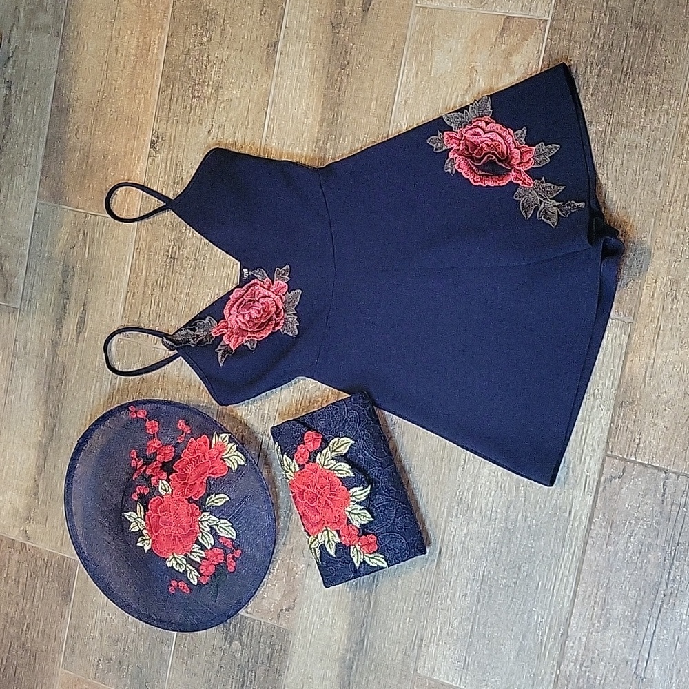Kentucky Durby Small Romper, Fascinator, & Navy Clutch with Red Rose Accents